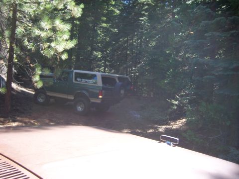 1991 Ford Bronco - A green 1991 Ford Bronco with a tan top is parked on a dirt road surrounded by trees, with another vehicle visible behind it.
