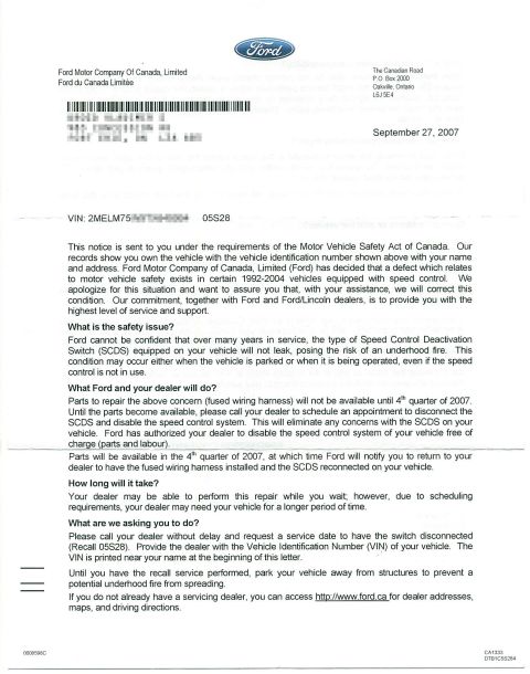 1985 Mercury Grand Marquis - This document is a recall notice from Ford Motor Company of Canada concerning a speed control deactivation switch issue.