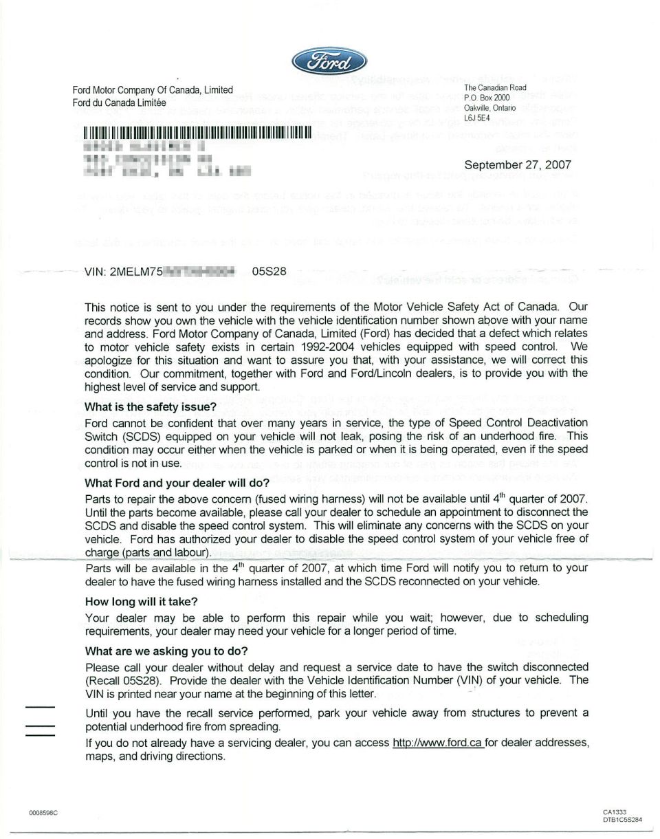 Ford Canada speed control recall 05S28 notice 1992-2004 SCDS underhood fire risk letter