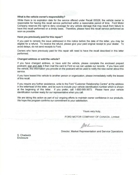 1985 Mercury Grand Marquis - This document details owner responsibility for recall service, previous payments, and address changes.