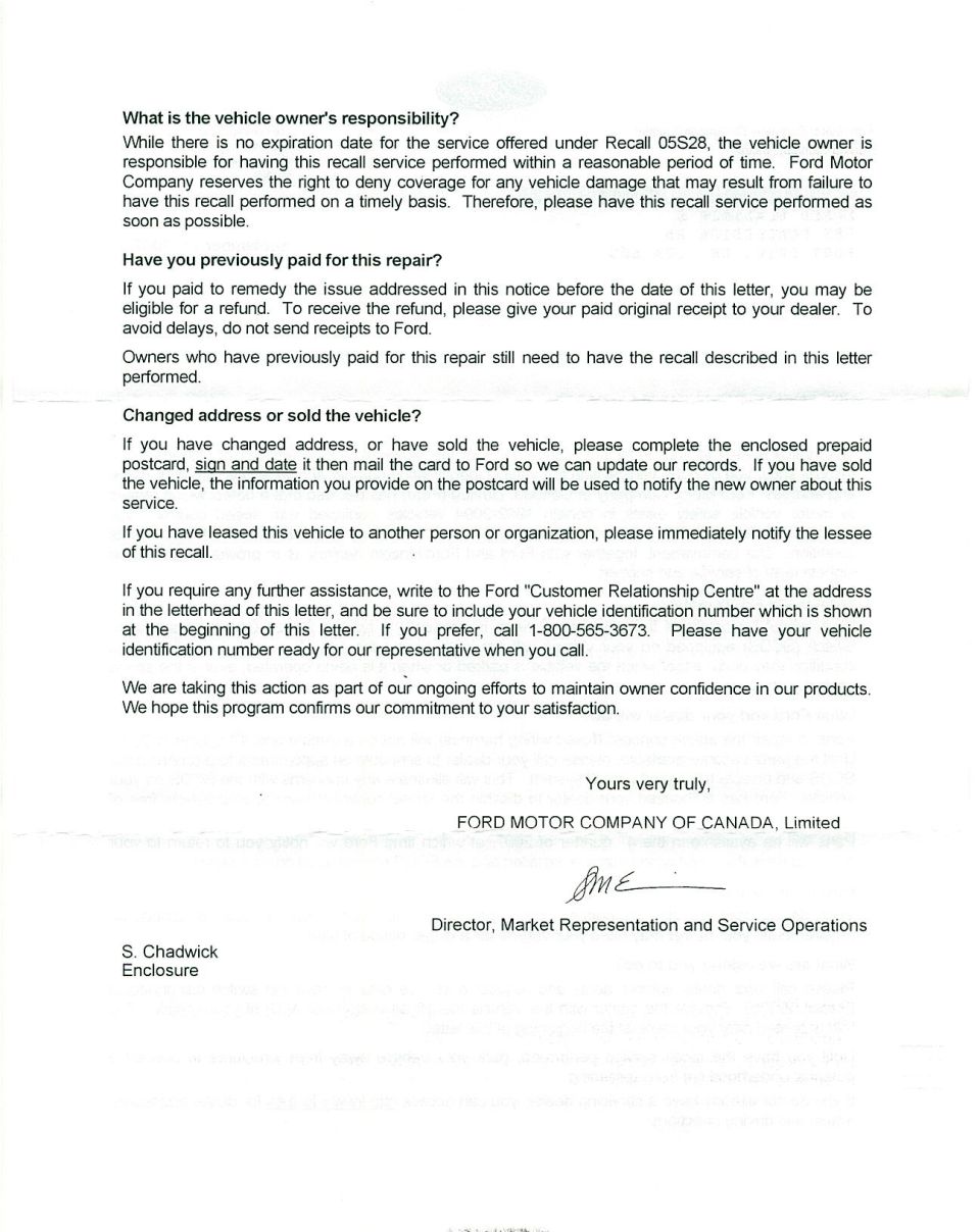 Document about vehicle owner responsibility for recall service