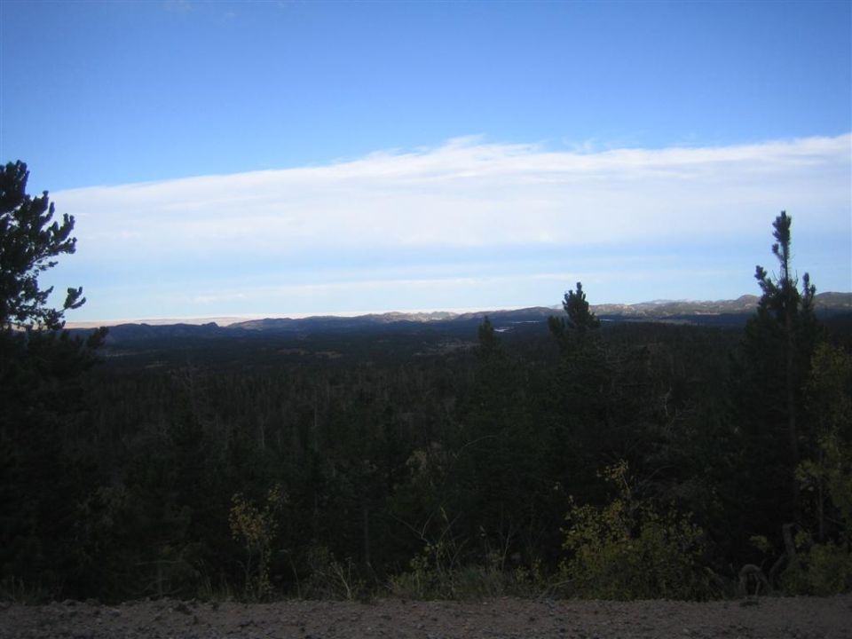 wide view of dark forest with mountains in distance under blue sky with clouds
