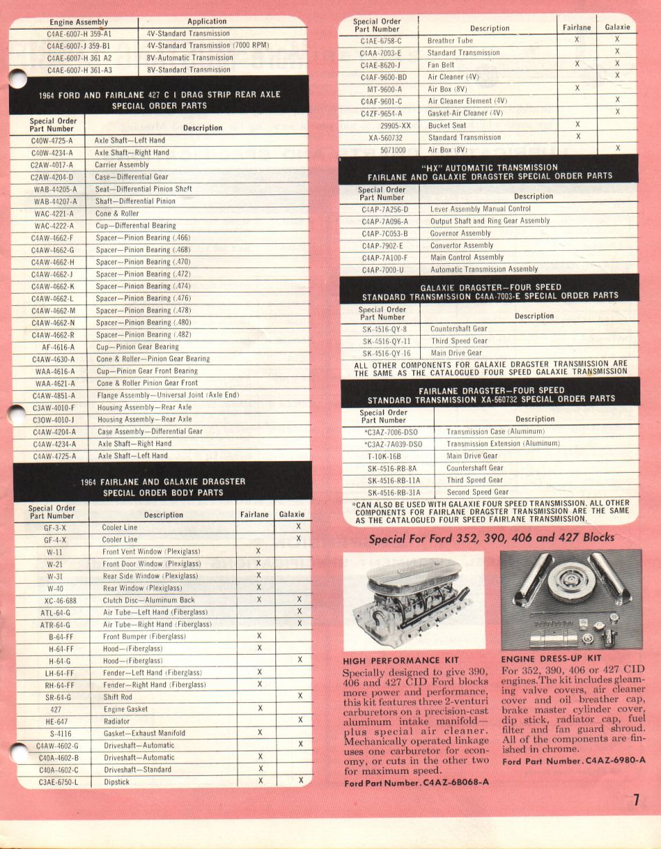 1964 Ford, Fairlane and Galaxie 427 dragster special order parts lists with kit photos