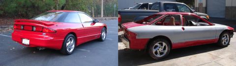 1996 Ford Probe - A red 1996 Ford Probe is shown from the rear 3/4 view, with a second vehicle, partially primered, also visible.