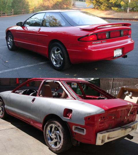 1996 Ford Probe - A red 1996 Ford Probe is shown in two states: one complete and one stripped for bodywork.