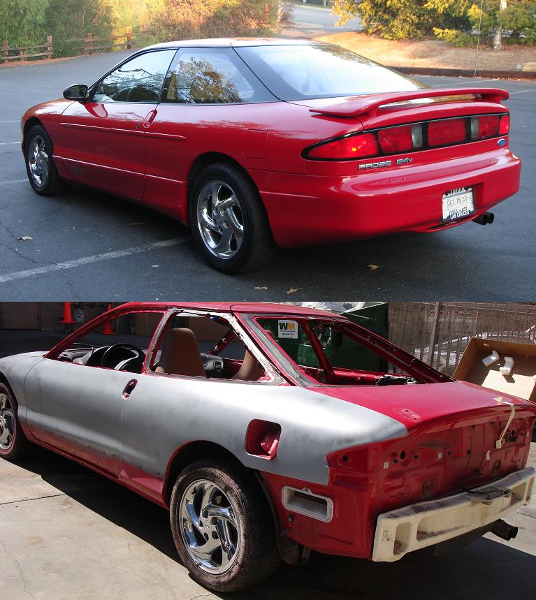 red 1996 Ford Probe, rear 3/4 view, and same car stripped down for bodywork