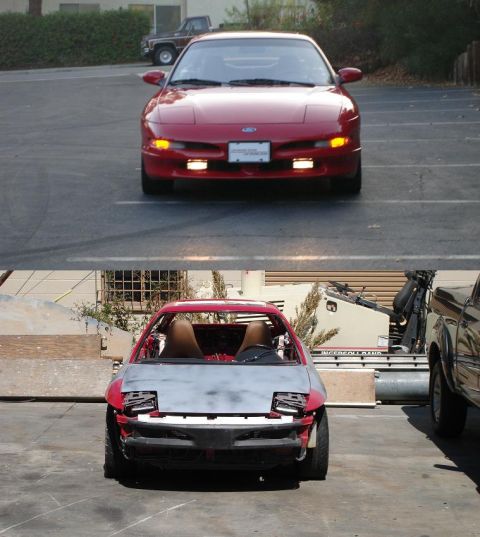 1996 Ford Probe - A red 1996 Ford Probe is shown from the front, with its hood in primer.