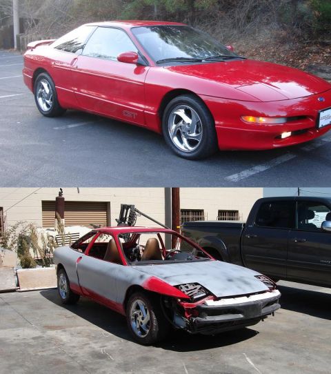 1996 Ford Probe - A red 1996 Ford Probe GT is shown above a partially completed Ford Probe undergoing bodywork.