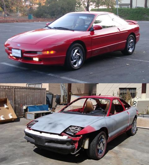 1996 Ford Probe - A completed red 1996 Ford Probe is shown above a disassembled 1996 Ford Probe in primer.