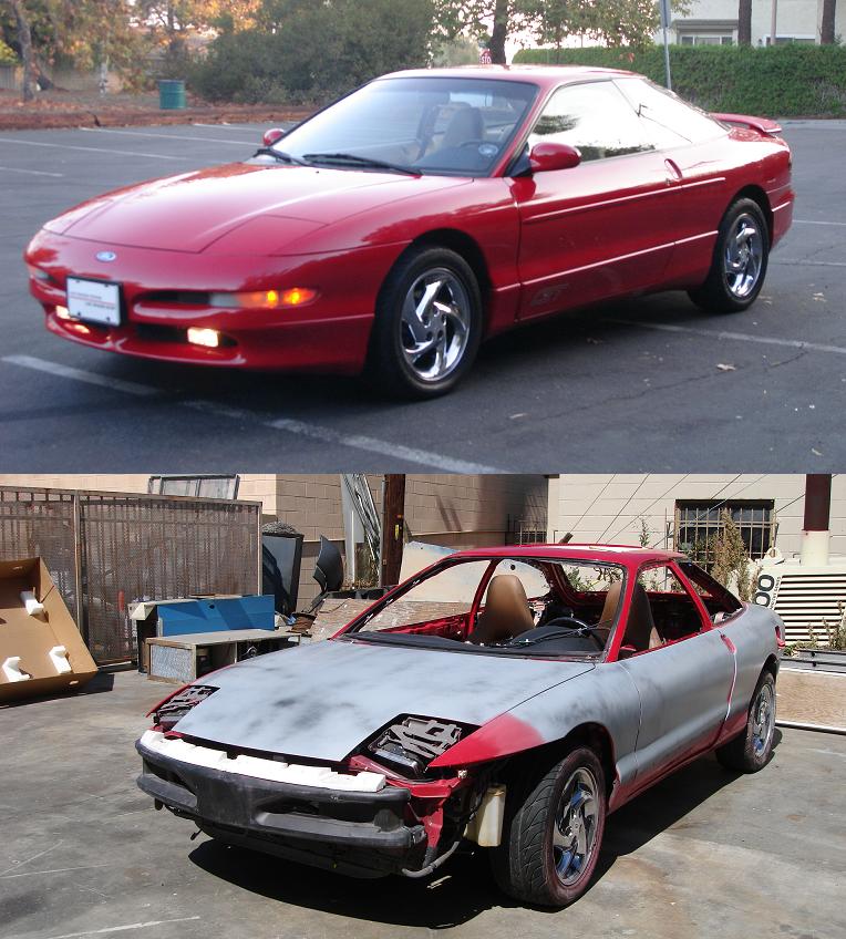 1996 Ford Probe in red next to a primer-gray 1996 Ford Probe undergoing restoration