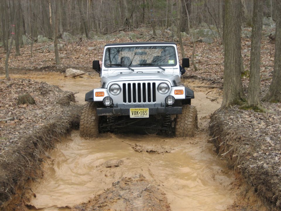 Silver Jeep Wrangler driving through mud on a wooded trail