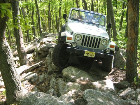 1990 Ford Bronco - Jeep Wrangler tackling a difficult off-road course through a wooded area.