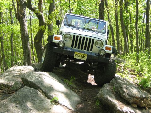 1990 Ford Bronco - A silver Jeep Wrangler navigates a rocky trail through a dense forest.