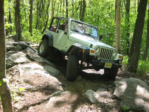 1990 Ford Bronco - A white Jeep Wrangler navigates a challenging rocky path through a dense forest.