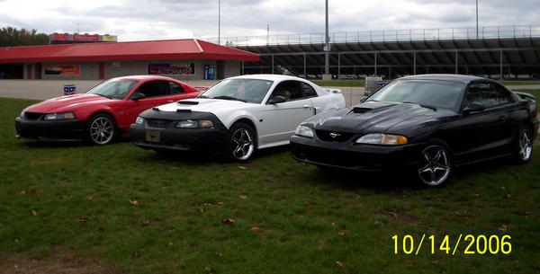 Red, white, and black Ford Mustang coupes parked on grass in front of a grandstand, dated 10/14/2006