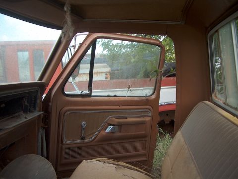 1979 Ford Bronco - Interior view of a weathered truck cab, with a spider visible on the driver's side window.