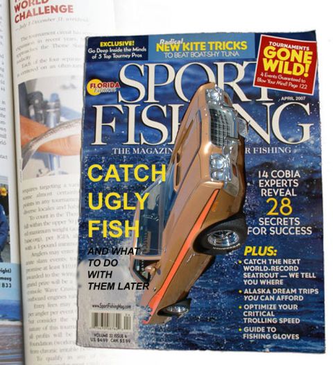 1971 Ford Ranchero - A toy car is placed on top of a Sport Fishing magazine.