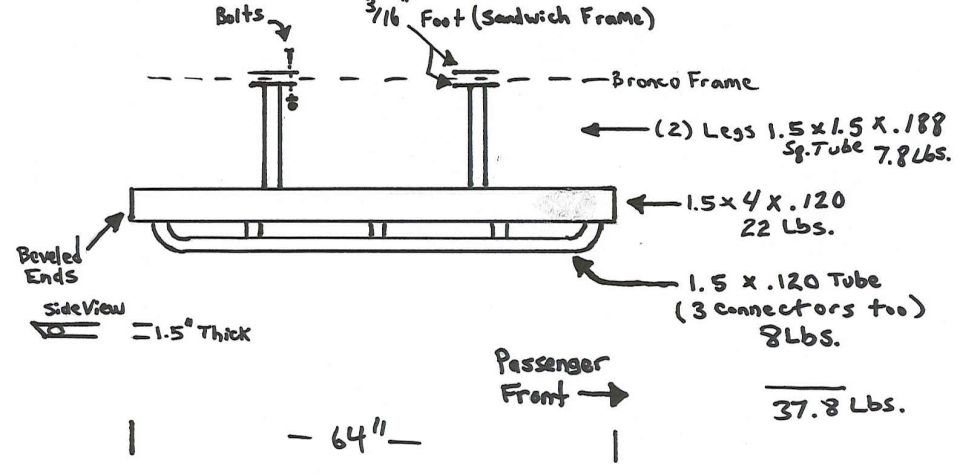 Hand-drawn dimensioned drawing of a tube bumper for a Bronco frame with sizes and weights