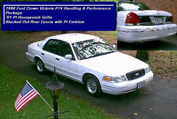 Photo collage of a white 1998 Ford Crown Victoria with text about P74 handling package