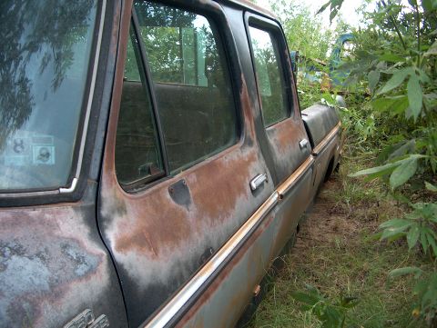 1979 Ford Bronco - This rusty pickup truck is parked in a field with tall grass and weeds, with another vehicle visible in the background.