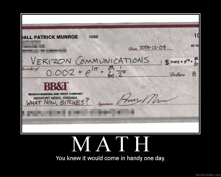Check with mathematical equation written in the amount field and "WHAT NOW, BITCHES?" written in the memo line