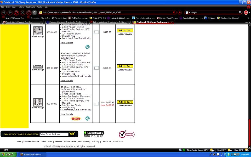 Browser screenshot of JEGS online store listing Chevy cylinder heads