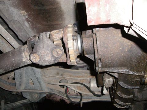 1995 Ford Bronco - Underside view of a vehicle's drivetrain components, showing the driveshaft and differential.