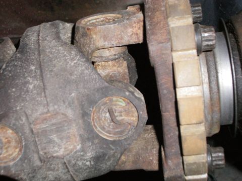 1995 Ford Bronco - Close-up view of a driveshaft u-joint connected to a differential flange, showing mechanical components.