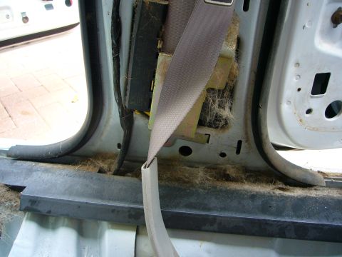 2001 Ford Crown Victoria - The interior of a vehicle shows a dirty door frame and seatbelt mechanism.