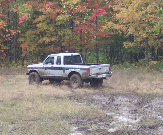 White 1990 Ford Ranger 4x4 off-road in autumn woods