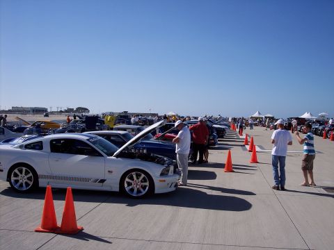 1971 Ford Mustang - Cars are displayed with hoods up at an outdoor event under a clear blue sky.