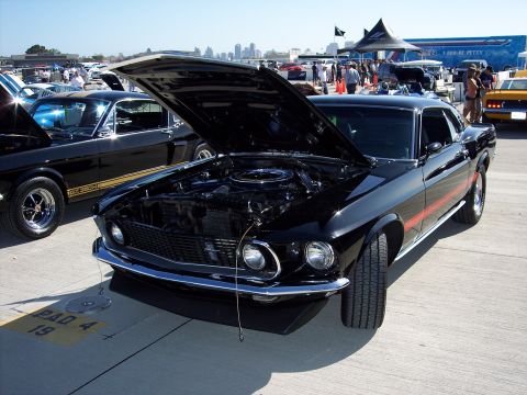 1971 Ford Mustang - A black 1969 Ford Mustang Mach 1 is displayed with its hood open at an outdoor car show.