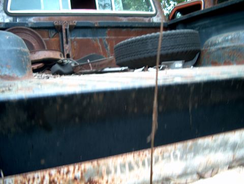 1979 Ford Bronco - The interior of a heavily rusted pickup truck bed, showing a spare tire and various discarded items.