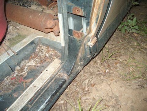 1979 Ford Bronco - Debris and a rusted exhaust pipe are visible inside the door frame of an old vehicle.