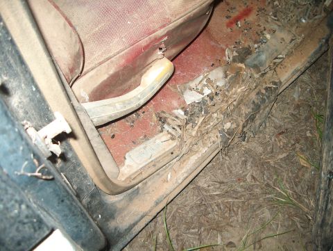 1979 Ford Bronco - The interior of a vehicle shows a door sill covered in dirt and debris, with red upholstery visible.