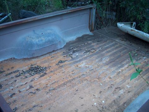 1979 Ford Bronco - The heavily rusted bed of a pickup truck shows signs of neglect and decay, with debris scattered across its corrugated surface.
