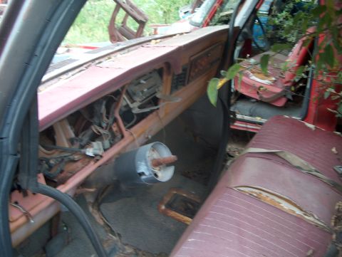 1979 Ford Bronco - Interior view of a 1979 Ford Bronco, showing worn seats and a damaged dashboard.
