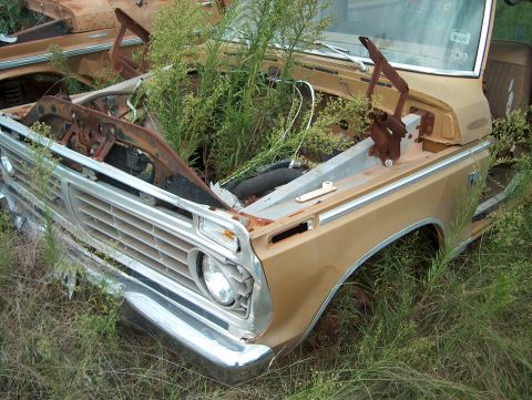 1979 Ford Bronco - Front end of a weathered truck sits abandoned in a field, overtaken by weeds.