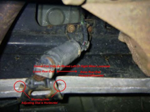 1999 Ford Crown Victoria - Annotated underbody photo of a rear air suspension ride-height sensor and its linkage rod, with red text and circles marking the two mounti…