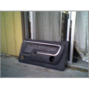 1973 Ford Ranchero - A black car door panel with chrome trim is shown against a blurred background.