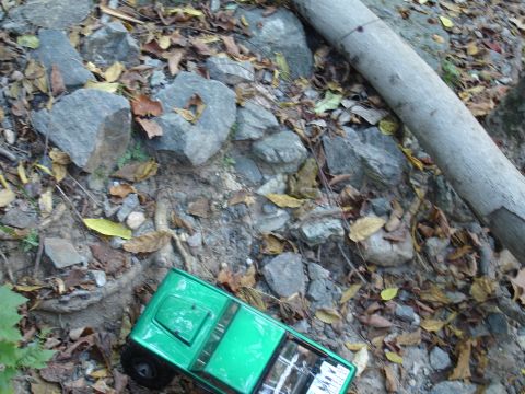 1996 Ford Bronco - Toy truck positioned on a rough, natural terrain with scattered rocks and foliage.