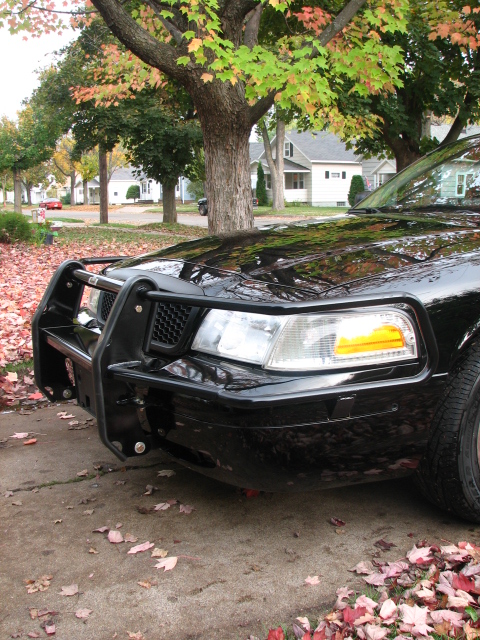 2000 Ford Crown Victoria - Front view of a black 2000 Ford Crown Victoria equipped with a heavy-duty push bar.