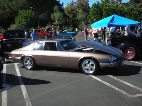 1998 Ford Crown Victoria - bronze-gold Jaguar XJS coupe on polished wheels parked at an outdoor car show with a blue tent and other cars behind.