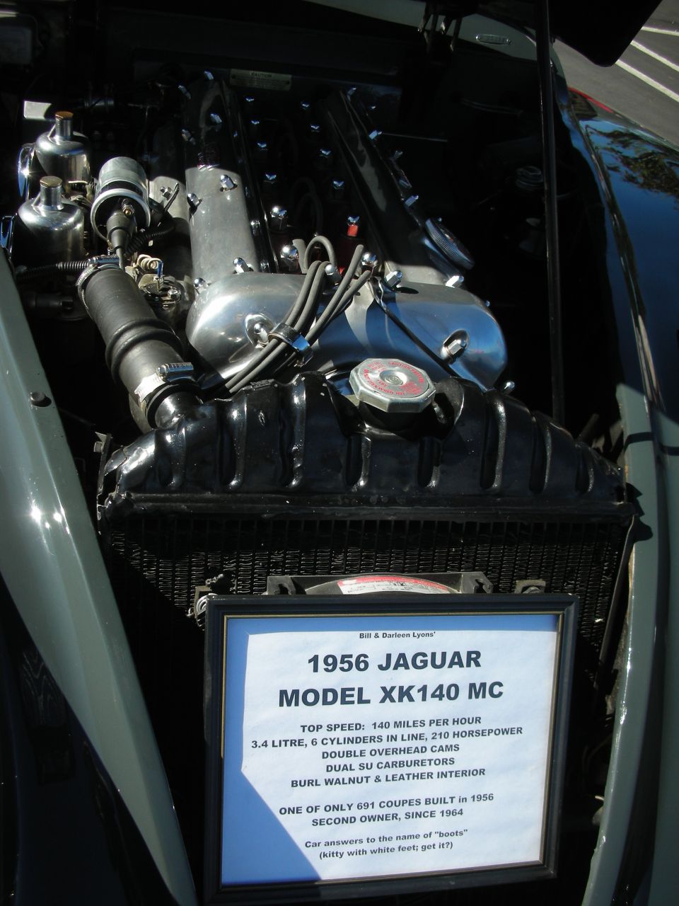 Inline-six engine with dual SU carbs above a placard reading 1956 Jaguar XK140 MC