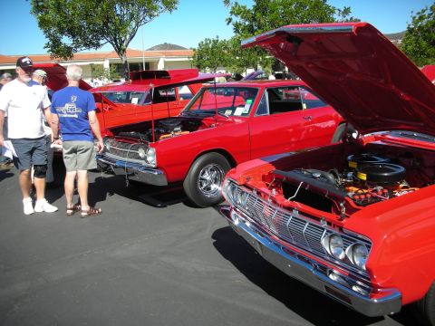 1998 Ford Crown Victoria - lineup of red muscle cars with hoods raised at a sunny outdoor car show, spectators looking on.