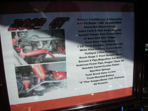 1998 Ford Crown Victoria - Framed car-show display card for a 2003 Mustang GT listing supercharger, suspension and chassis modifications.