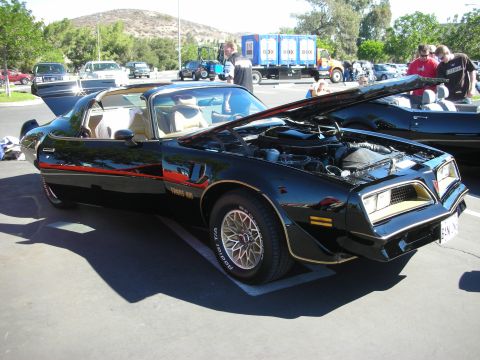 1998 Ford Crown Victoria - black-and-gold Pontiac Trans Am with raised hood and open T-top roof panels parked at a car show.