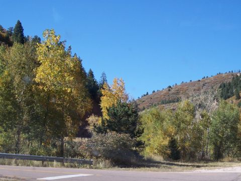 1972 Ford Ranchero - Autumn foliage colors the trees on a mountainside under a bright blue sky.