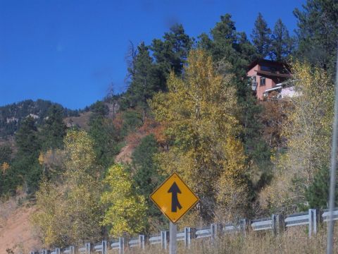 1972 Ford Ranchero - A yellow diamond road sign with black arrows warns of a merge ahead, set against a backdrop of trees and a hillside home on a hillside.