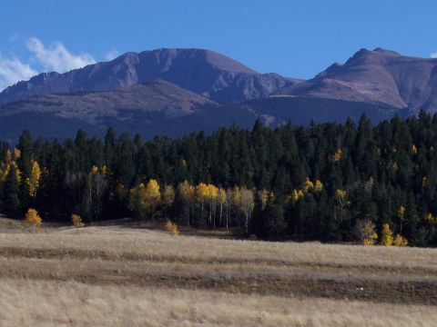 1972 Ford Ranchero - A vast mountain range overlooks a forest transitioning to autumn colors, with a wide expanse of dry grass in the foreground under a blue sk…